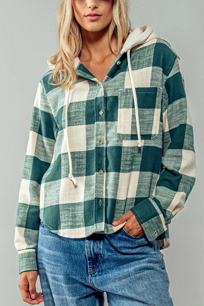 Hooded Button Down Buffalo Plaid Flannel Shirt