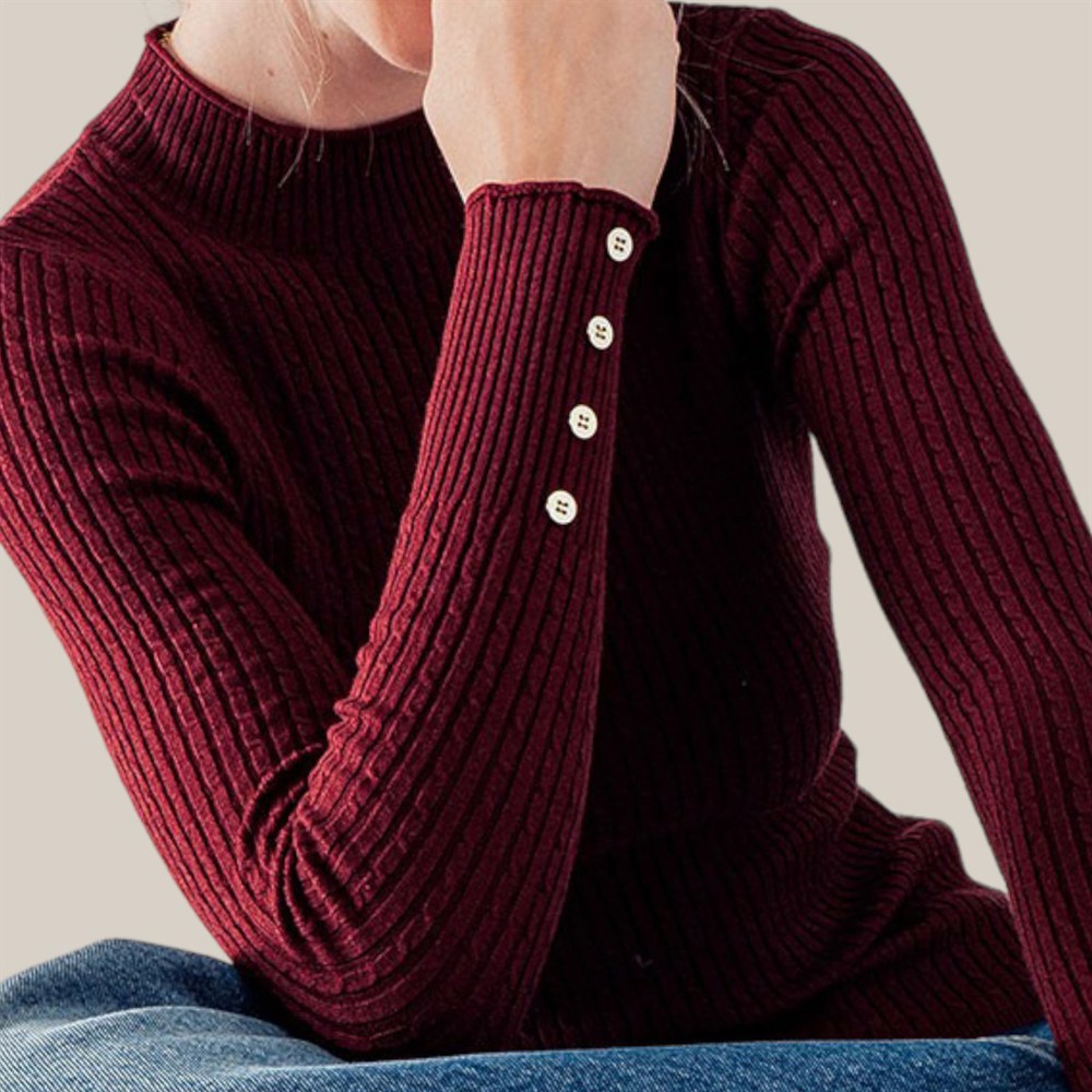 Fitted Ribbed Cable Knit Button Sleeve Sweater