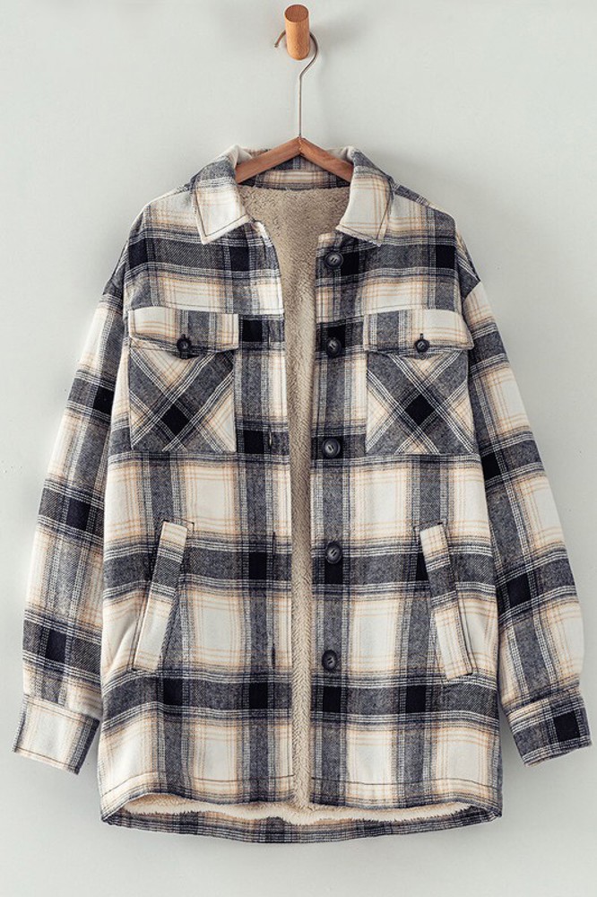 Checkered Sherpa-Lined Oversized Buttoned Jacket