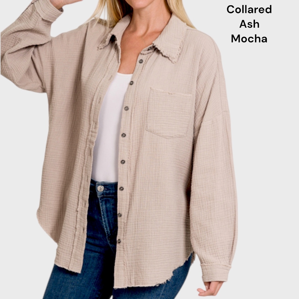 Collared Oversized Frayed Raw Cut Hem Gauze Shirt