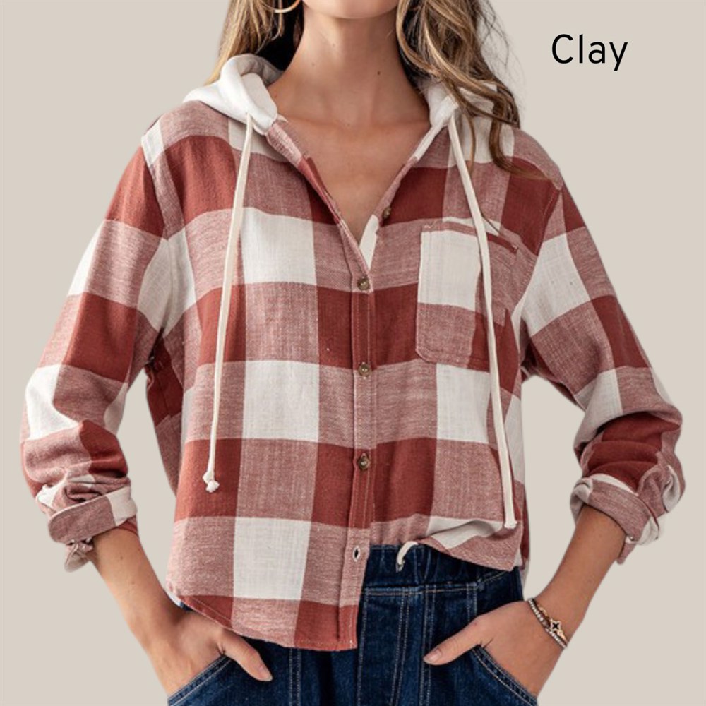 Hooded Button Down Buffalo Plaid Flannel Shirt