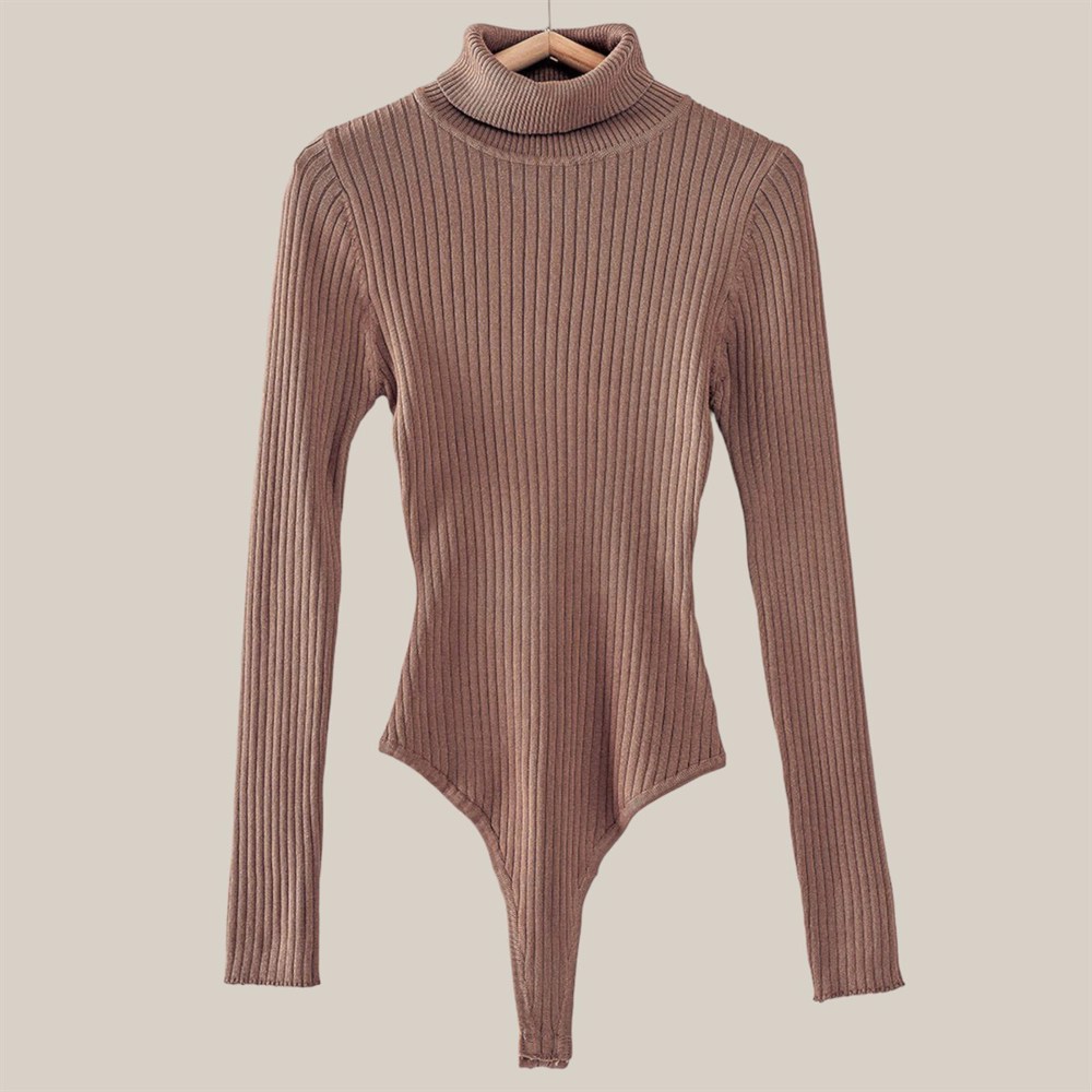 Rib Sweater Knit Turtle Neck Bodysuit / S-XL