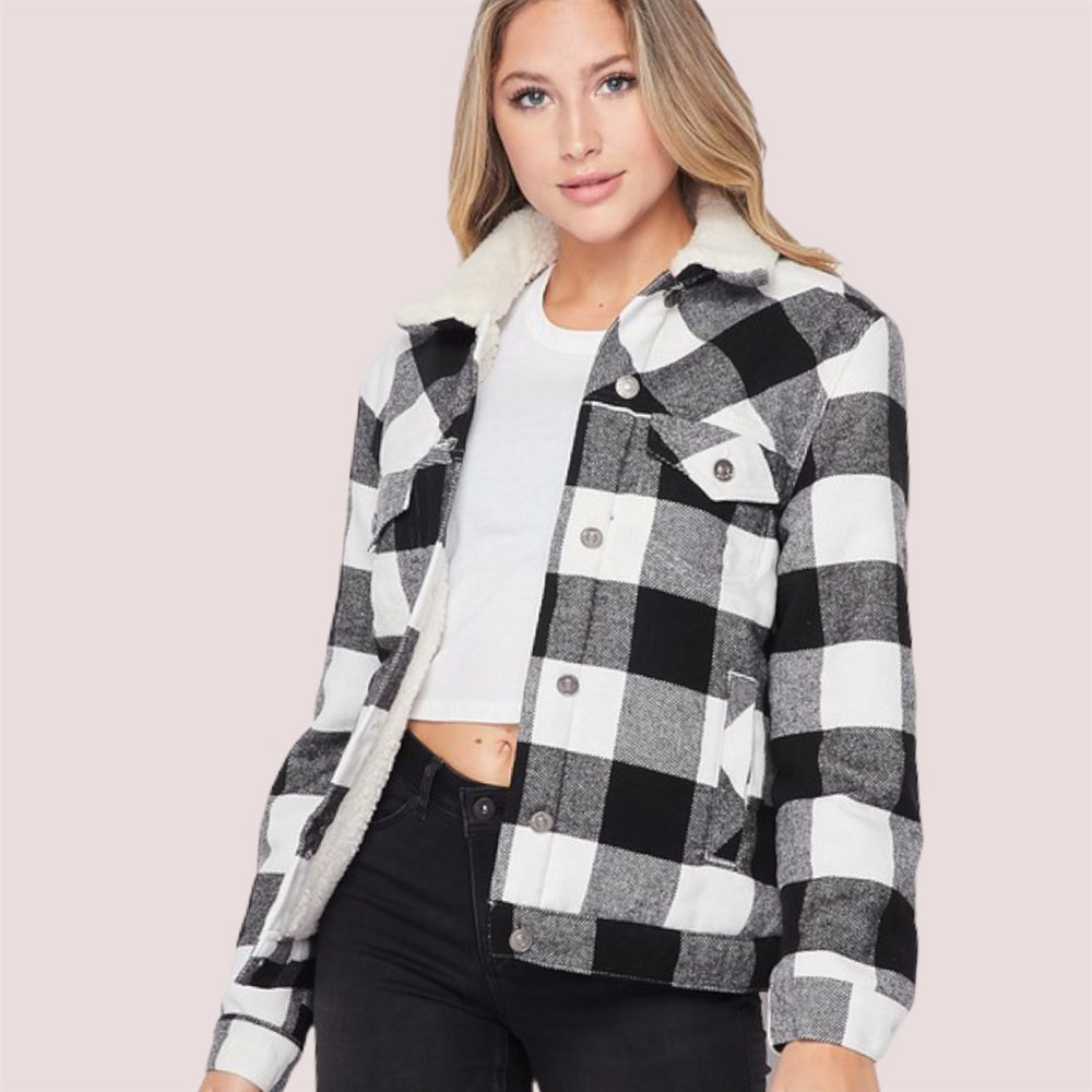 Pocketed Buffalo Plaid Sherpa Fur Lined Jacket