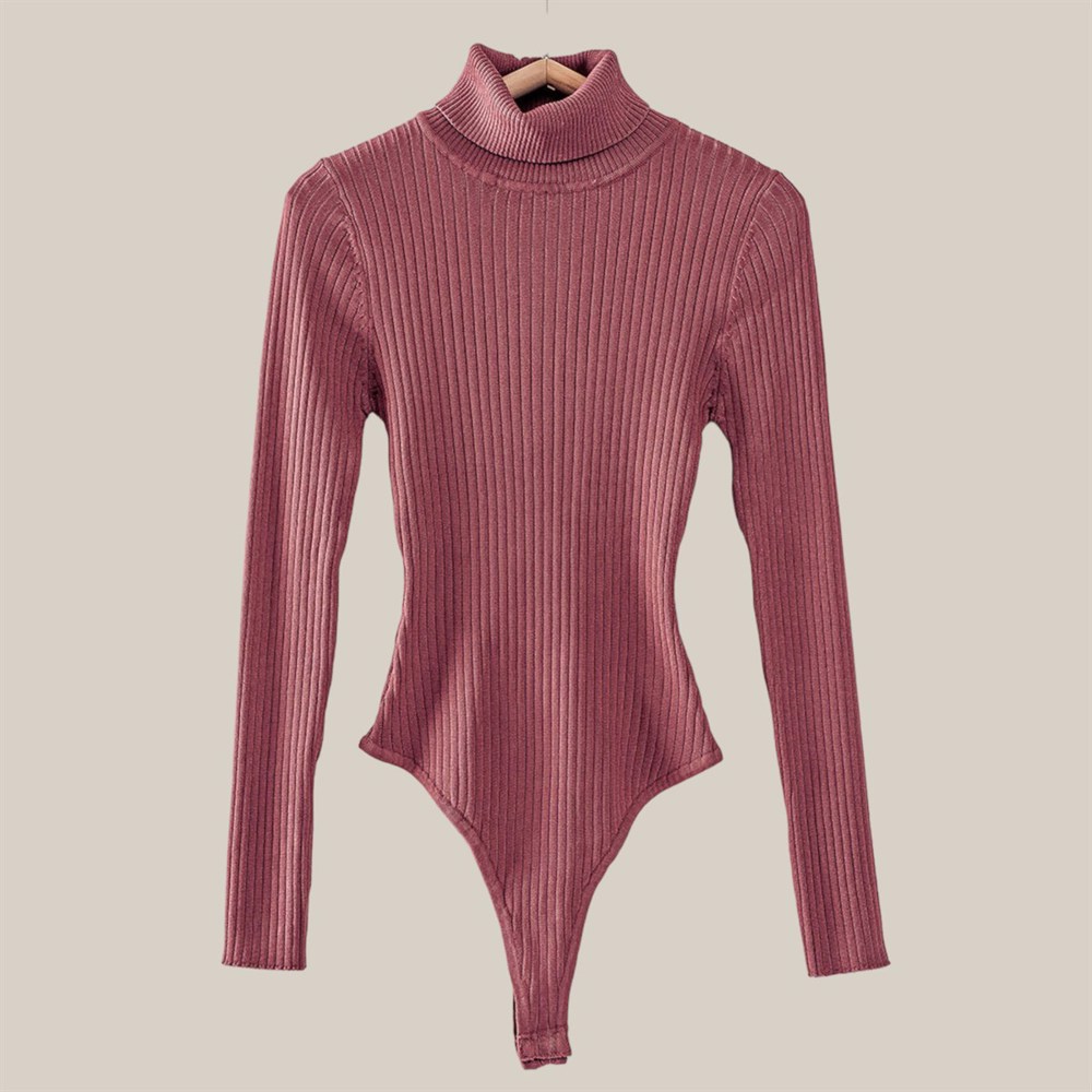 Rib Sweater Knit Turtle Neck Bodysuit / S-XL