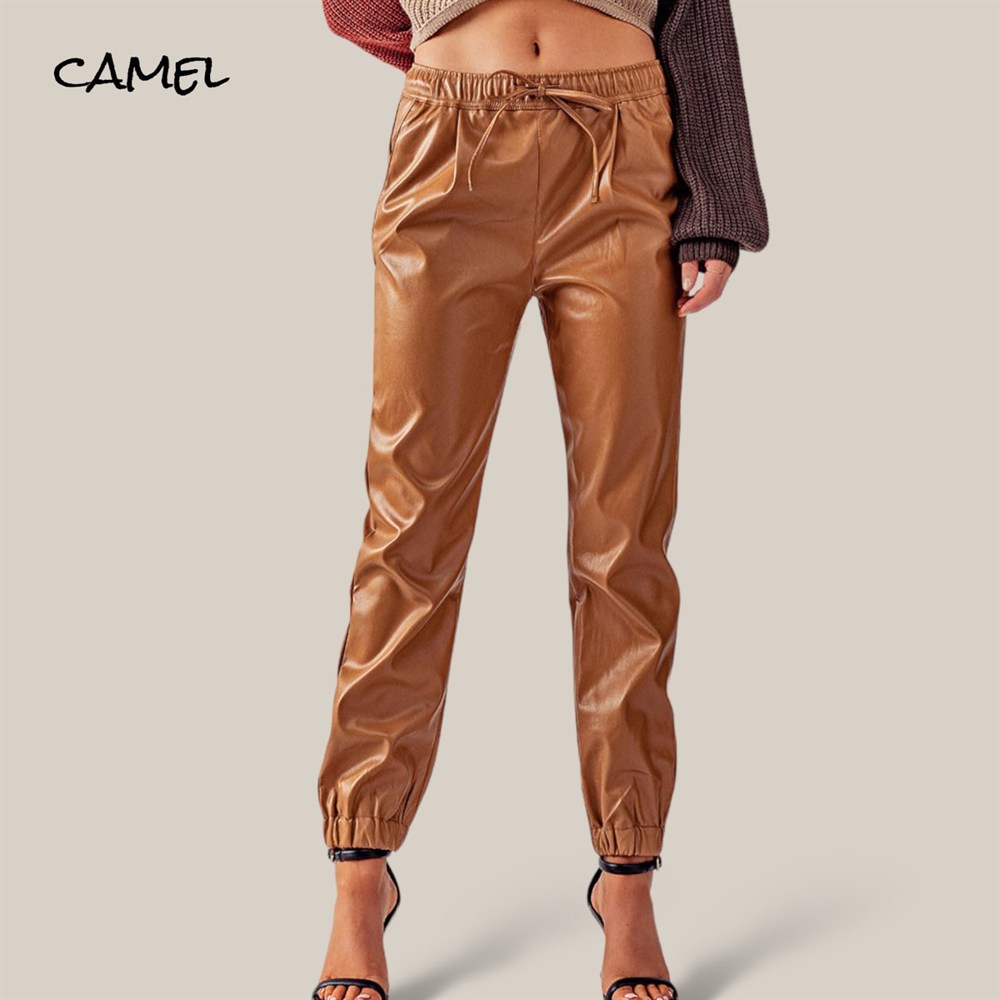 Faux Leather High Waist Jogger with Elastic Waist