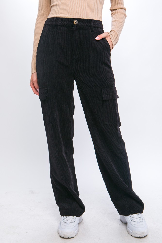 Elastic Back Corduroy Cargo Pants with Side Pockets