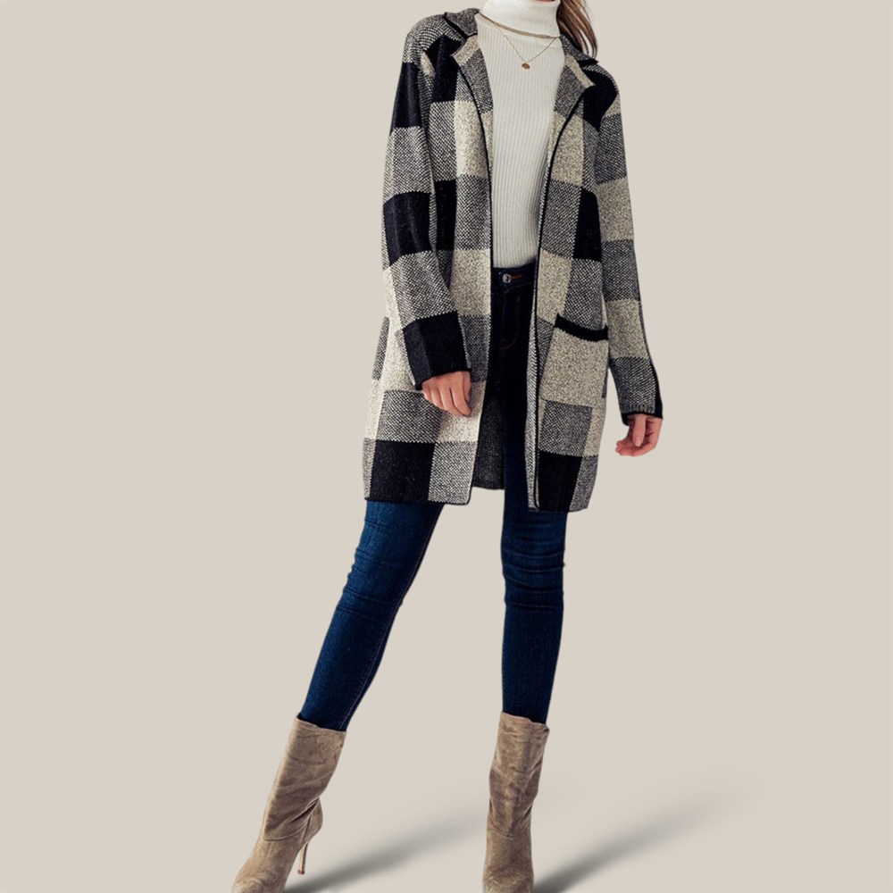 Open Front Buffalo Plaid Long Cardigan