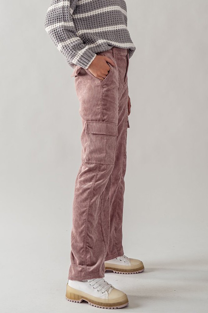 Elastic Back Corduroy Cargo Pants with Side Pockets