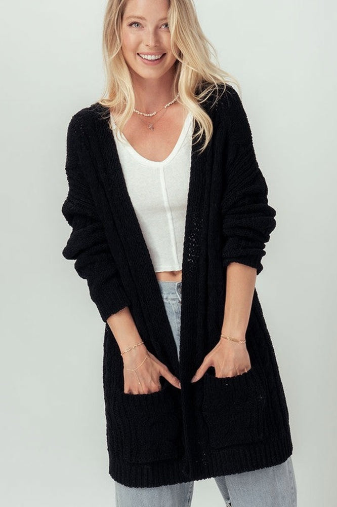 Chenille Cable Knit Ribbed Open Front Cardigan / 9 Colors