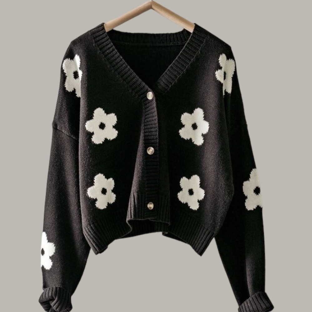 Flower Pattern Long Sleeve Loose Cropped Cardigan