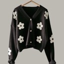 Black Small Flower Pattern Long Sleeve Loose Cropped Cardigan