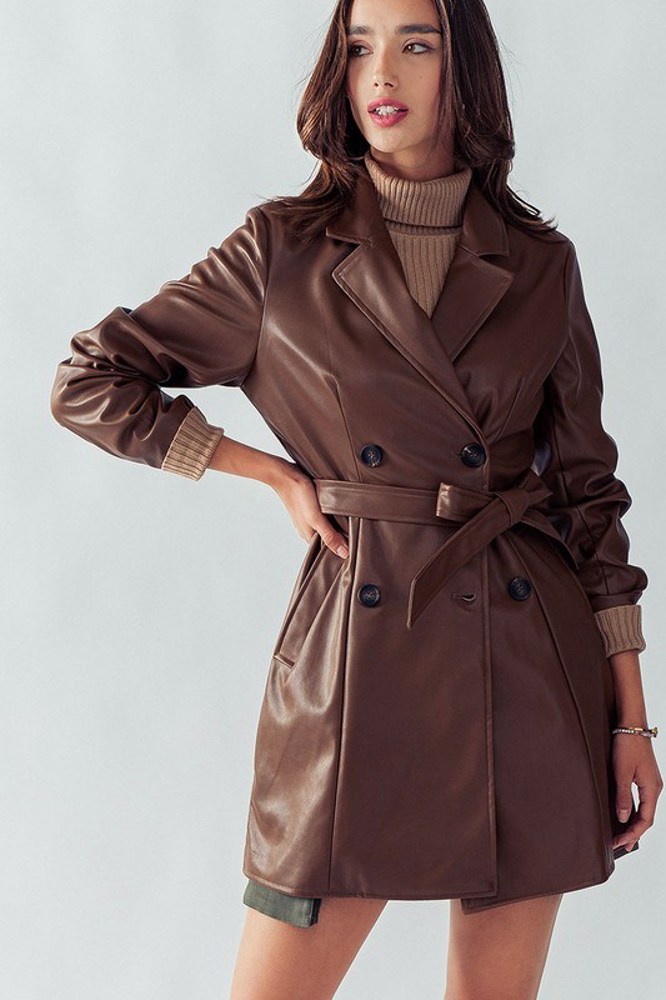 Longer Double Breasted Faux Leather Coat