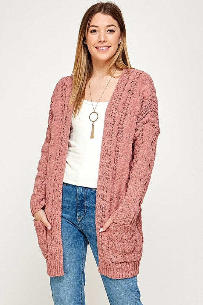 Chenille Cable Knit Ribbed Open Front Cardigan / 9 Colors