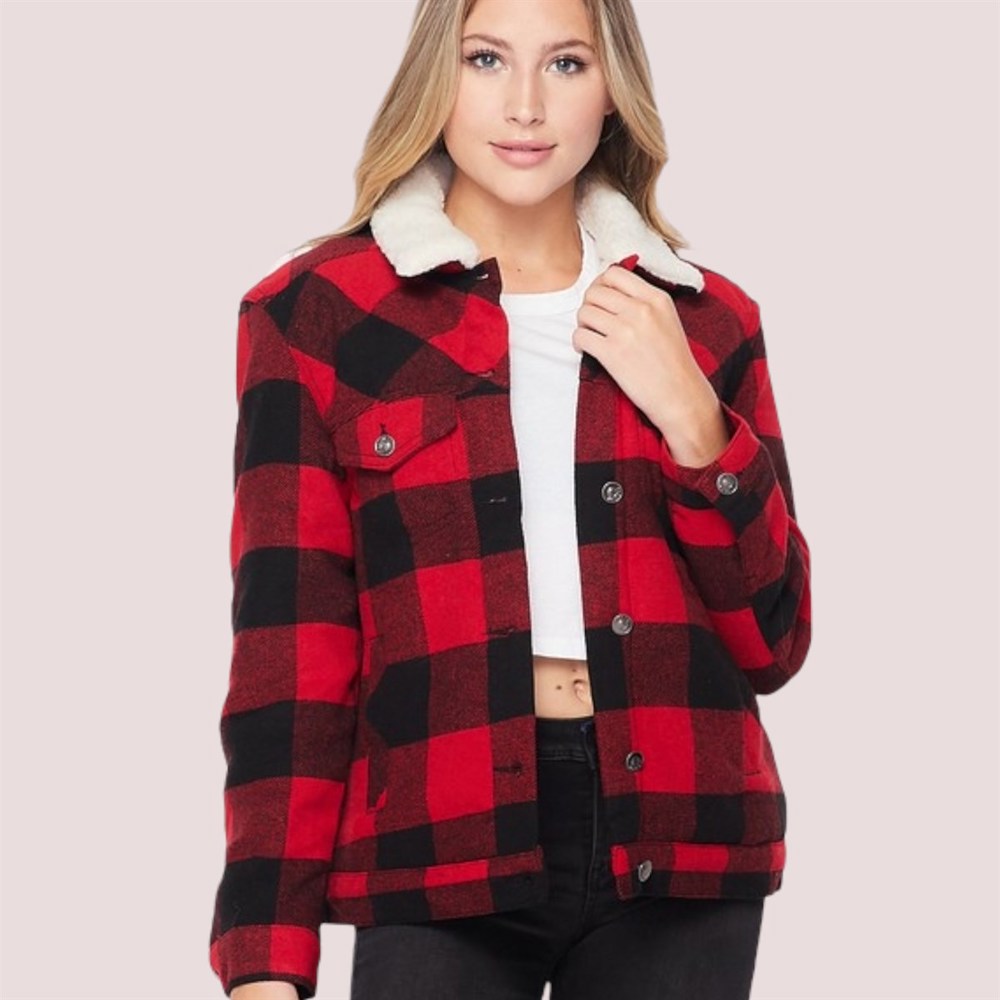 Pocketed Buffalo Plaid Sherpa Fur Lined Jacket