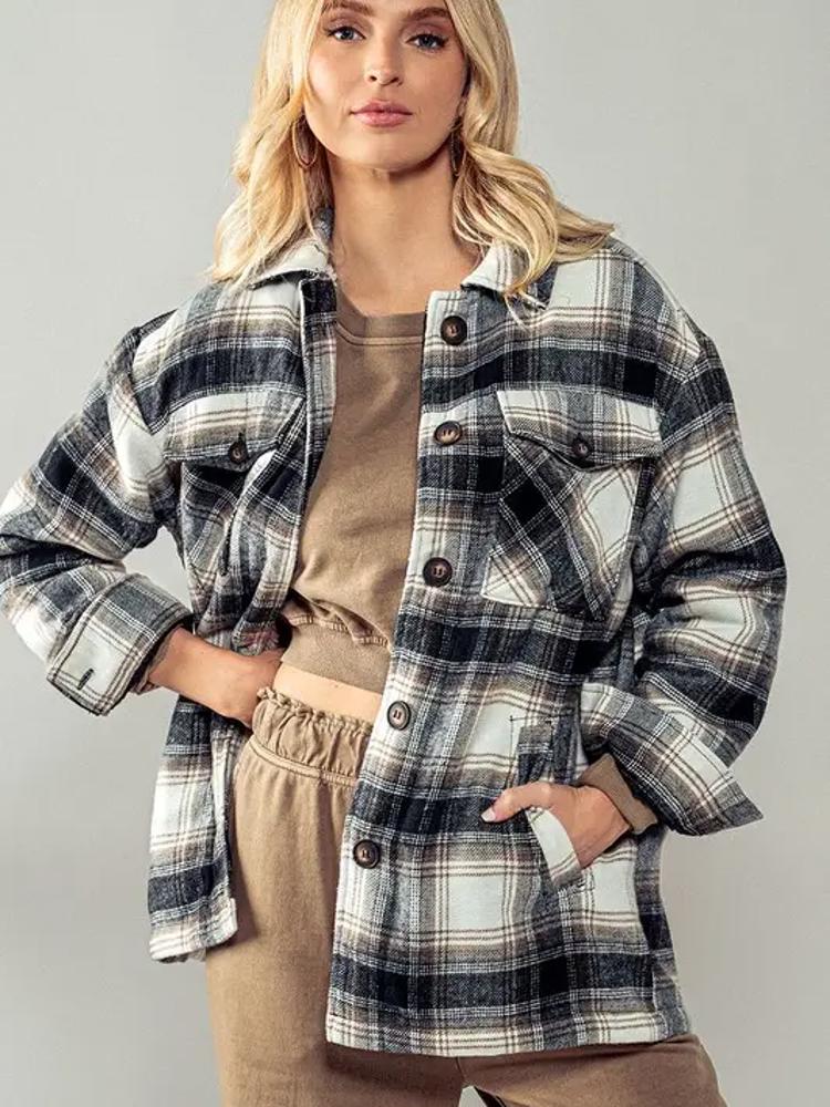 Checkered Sherpa-Lined Oversized Buttoned Jacket