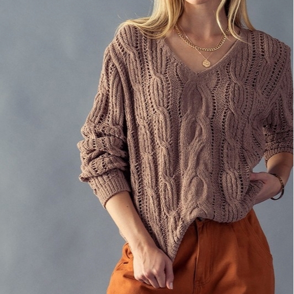 V-Neck Cable Knit Sweater