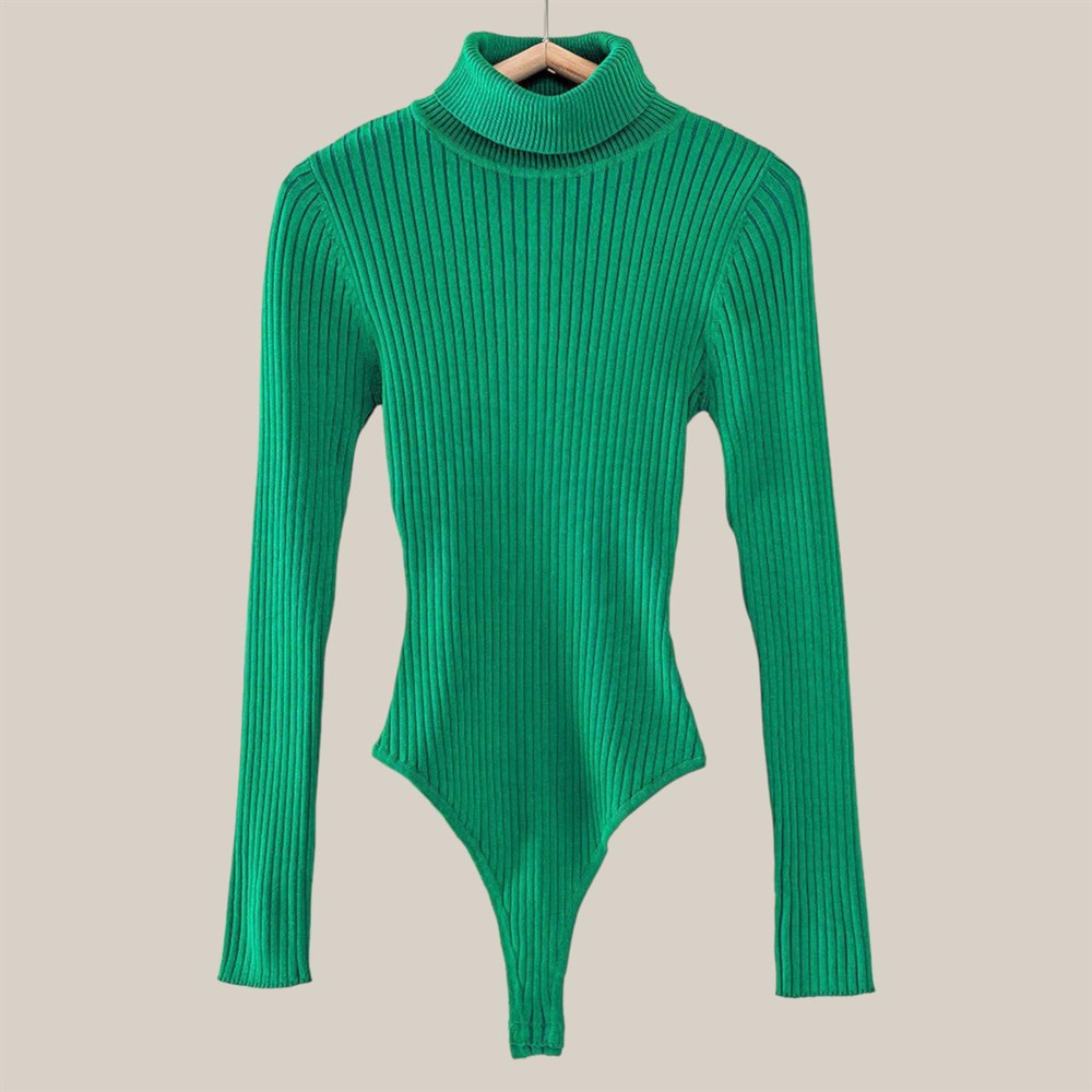 Rib Sweater Knit Turtle Neck Bodysuit / S-XL