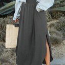 Ash Gray Small Rounded Hem Smocked Waist Maxi Skirt