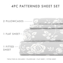 California King Rose Light Gray Patterned Ultra-Soft Bed Sheet Set - Garden Farmhouse