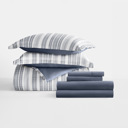 California King Farmhouse Dreams Navy Bedding Bundle, Patterned Microfiber Comforter Set and Solid Sheet Set