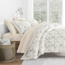 Queen Foliage Stripe Ivory Bedding Bundle, Patterned Microfiber Comforter Set and Solid Sheet Set