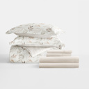 Queen Foliage Stripe Ivory Bedding Bundle, Patterned Microfiber Comforter Set and Solid Sheet Set