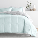 California King Chambray Aqua / Light Gray Bedding Bundle, Reversible Microfiber Comforter Set and Patterned Sheet Set