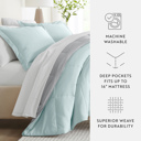 California King Chambray Aqua / Light Gray Bedding Bundle, Reversible Microfiber Comforter Set and Patterned Sheet Set