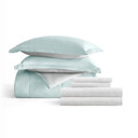 California King Chambray Aqua / Light Gray Bedding Bundle, Reversible Microfiber Comforter Set and Patterned Sheet Set