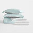 California King Chambray Aqua / Light Gray Bedding Bundle, Reversible Microfiber Comforter Set and Patterned Sheet Set