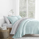 King Chambray Aqua / Light Gray Bedding Bundle, Reversible Microfiber Comforter Set and Patterned Sheet Set