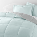 King Chambray Aqua / Light Gray Bedding Bundle, Reversible Microfiber Comforter Set and Patterned Sheet Set