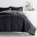 California King Chambray Black / Fog Bedding Bundle, Reversible Microfiber Comforter Set and Patterned Sheet Set