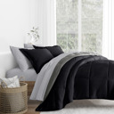 California King Chambray Black / Fog Bedding Bundle, Reversible Microfiber Comforter Set and Patterned Sheet Set