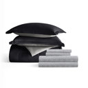 California King Chambray Black / Fog Bedding Bundle, Reversible Microfiber Comforter Set and Patterned Sheet Set