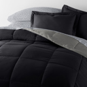 California King Chambray Black / Fog Bedding Bundle, Reversible Microfiber Comforter Set and Patterned Sheet Set