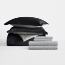 Full/Double Chambray Black / Fog Bedding Bundle, Reversible Microfiber Comforter Set and Patterned Sheet Set