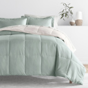 Queen Modern Circles Eucalyptus / Natural Bedding Bundle, Reversible Microfiber Comforter Set and Patterned Sheet Set