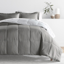 California King Pinstriped Gray / Light Gray Bedding Bundle, Reversible Microfiber Comforter Set and Patterned Sheet Set