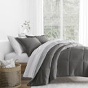 California King Pinstriped Gray / Light Gray Bedding Bundle, Reversible Microfiber Comforter Set and Patterned Sheet Set