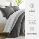 California King Pinstriped Gray / Light Gray Bedding Bundle, Reversible Microfiber Comforter Set and Patterned Sheet Set