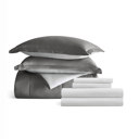 California King Pinstriped Gray / Light Gray Bedding Bundle, Reversible Microfiber Comforter Set and Patterned Sheet Set