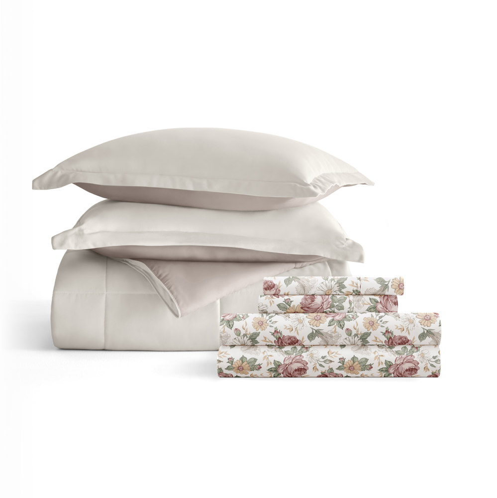 Bedding Bundle, Reversible Microfiber Comforter Set and Patterned Sheet Set