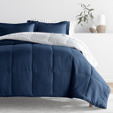 Full/Double Distressed Field Stripe Navy / Light Gray Bedding Bundle, Reversible Microfiber Comforter Set and Patterned Sheet Set