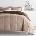 California King Thatch Taupe / Chocolate Bedding Bundle, Reversible Microfiber Comforter Set and Patterned Sheet Set