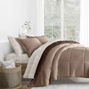 California King Thatch Taupe / Chocolate Bedding Bundle, Reversible Microfiber Comforter Set and Patterned Sheet Set