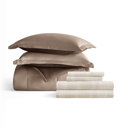 California King Thatch Taupe / Chocolate Bedding Bundle, Reversible Microfiber Comforter Set and Patterned Sheet Set