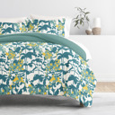 California King Boho Flower Teal Bedding Bundle, Patterned Duvet Cover Set, White Comforter and Solid Sheet Set