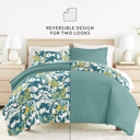 California King Boho Flower Teal Bedding Bundle, Patterned Duvet Cover Set, White Comforter and Solid Sheet Set