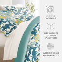 California King Boho Flower Teal Bedding Bundle, Patterned Duvet Cover Set, White Comforter and Solid Sheet Set